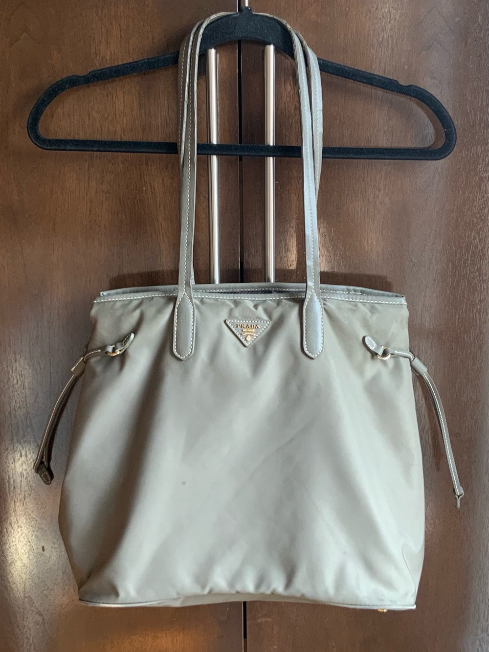 PRADA Khaki Nylon Shoulder Saffiano Leather Trim Tote